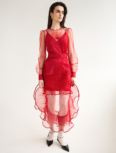 Iconic ruffle long tulle dress in red