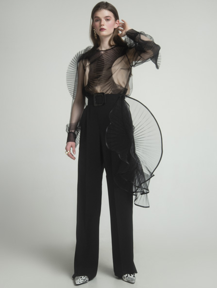 Iconic ruffle tulle blouse with belt in black