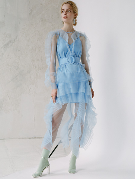 Iconic ruffle long tulle dress in baby blue