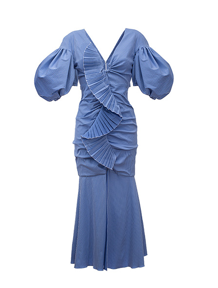 Платье миди из хлопка с V-образным вырезом голубое 