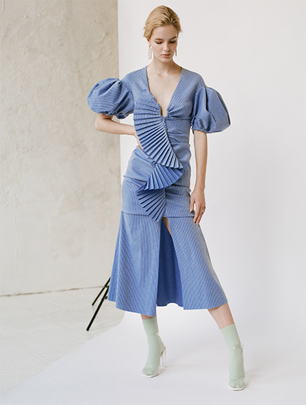 V-neck cotton midi dress in blue