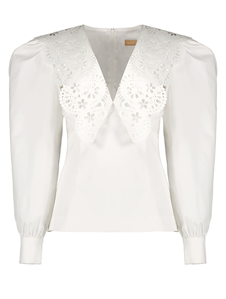 V-neck laser cutting cotton blouse in white