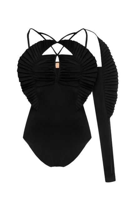 BODYSUIT WITH PLEATED DECOR AND DETACHABLE SLEEVE