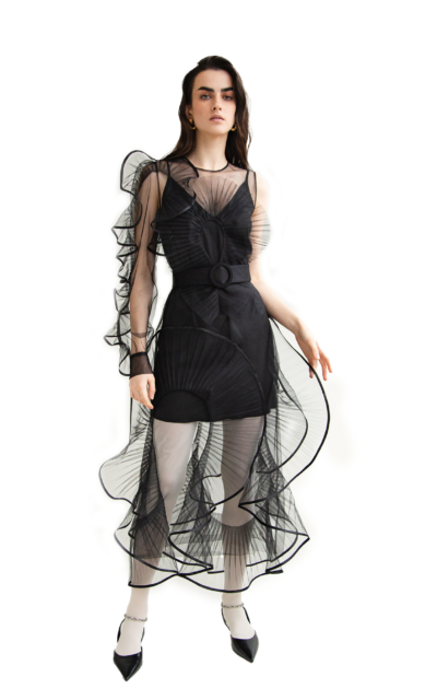 ICONIC RUFFLE LONG ONE-SLEEVE TULLE DRESS WITH CONTRAST