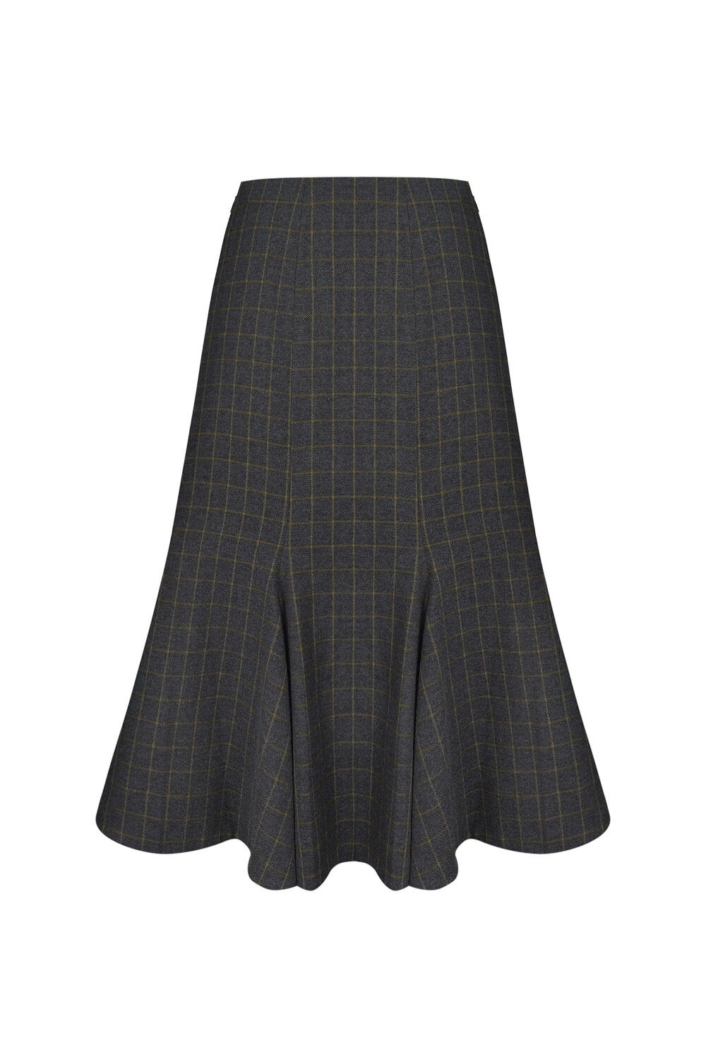 BACK CHECKED GODET MIDI SKIRT