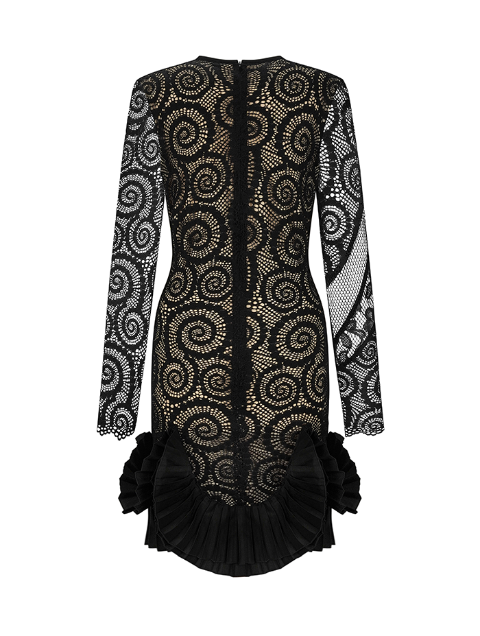 BACK LACE MESH MINI DRESS WITH PLEATED DECOR