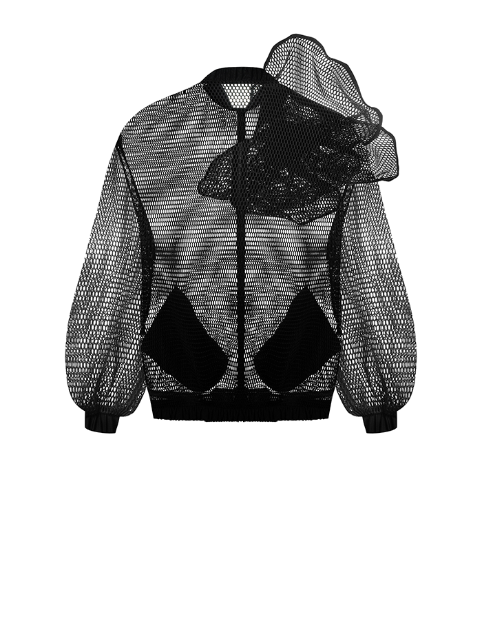 BACK MESH OVERSIZED BOMBER WITH 3D FLOWER