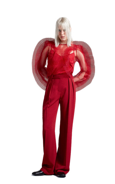 TRANSLUCENT TULLE BLOUSE WITH FRILLS IN RED LOOK BOOK