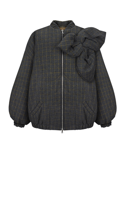 CHECKED LONG INSULATED BOMBER JACKET WITH A 3D FLOWER DECOR