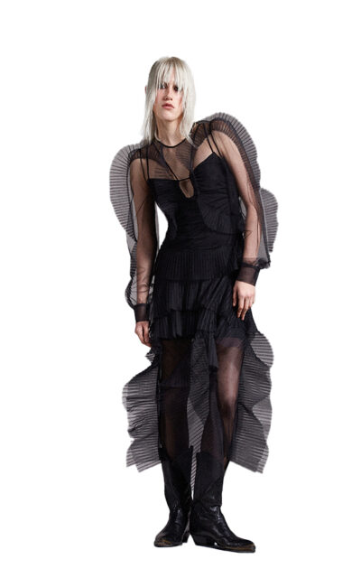 LONG-SLEEVED FRILLED TULLE MIDI DRESS IN BLACK