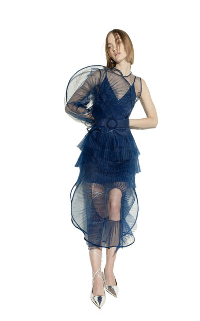 ICONIC RUFFLE LONG ONE-SLEEVE TULLE DRESS WITH CONTRAST
