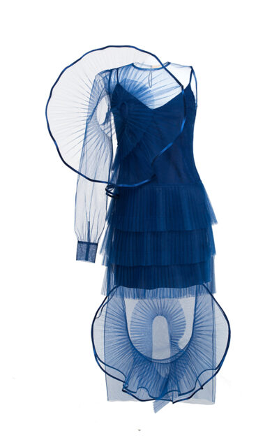 ONE-SLEEVE RUFFLE LONG SHEER DRESS IN NAVY BLUE