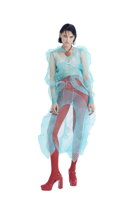 RUFFLE TULLE LONG DRESS IN TURQUOISE