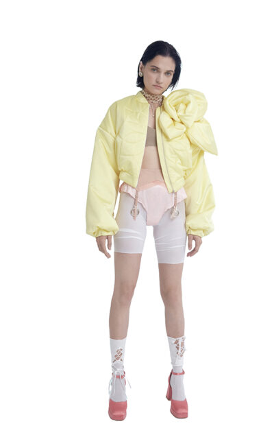 HYPER SHORT INSULATED BOMBER JACKET WITH 3D FLOWER