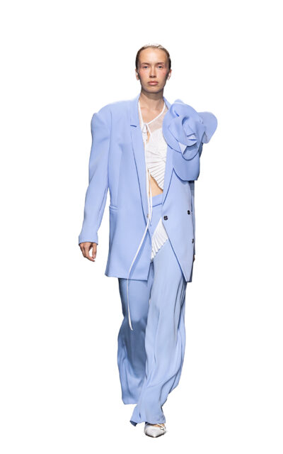 OVERSIZED LONG BLAZER WITH DRAPED OPEN BACK WITH 3D FLOWER