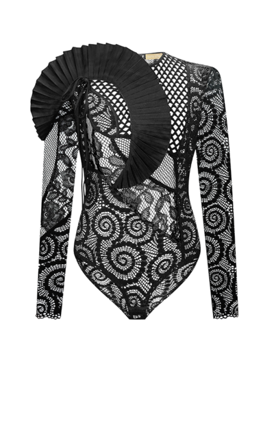 LACE MESH BODYSUIT WITH PLEATED DECOR