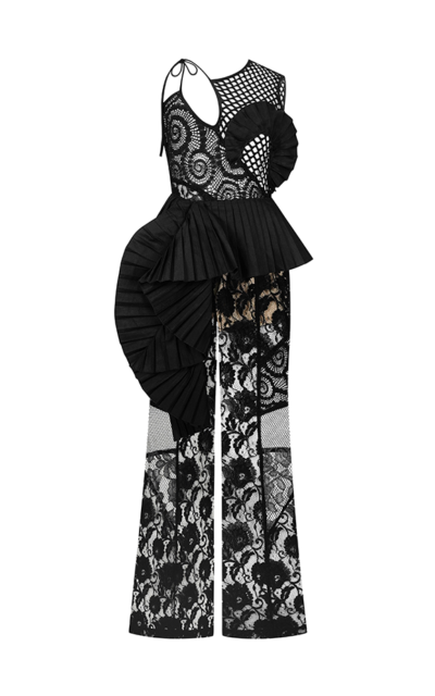 LACE MESH FLARED JUMPSUIT WITH DETACHABLE PLEATED BELT