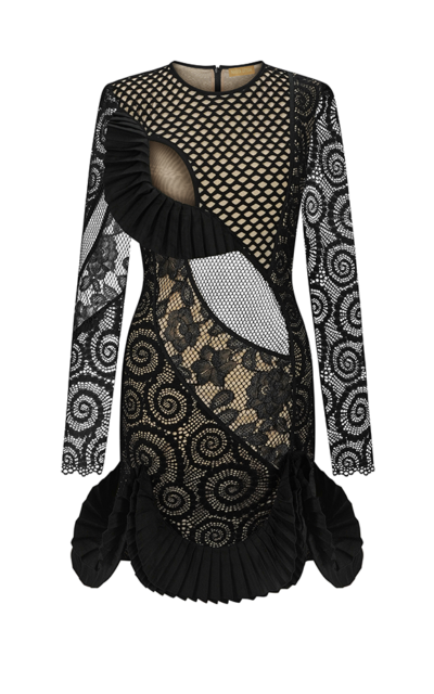LACE MESH MINI DRESS WITH PLEATED DECOR