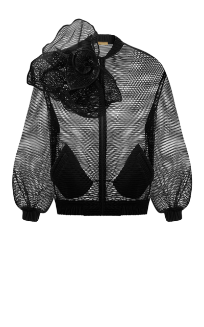 MESH OVERSIZED BOMBER WITH 3D FLOWER