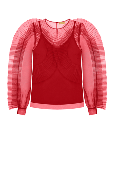 TRANSLUCENT TULLE BLOUSE WITH FRILLS IN RED