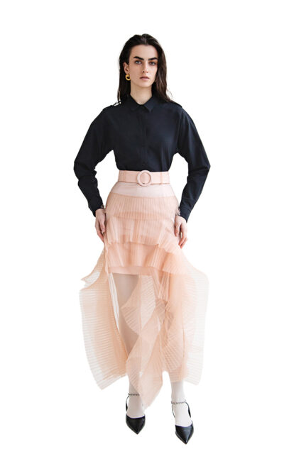 TULLE RUFFLE MIDI SKIRT IN BEIGE
