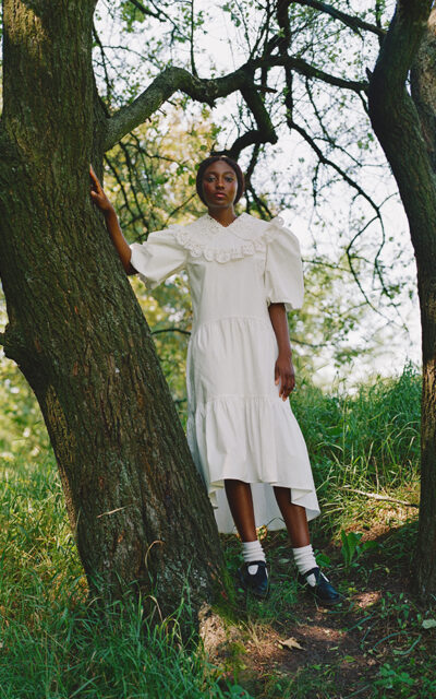 LASER CUTTING BIG COLLAR LOOSE MIDI DRESS IN WHITE - Nadya Dzyak