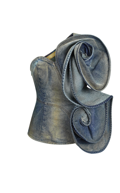 RUSTY DENIM STRAPLESS TOP WITH 3D FLORAL DECOR