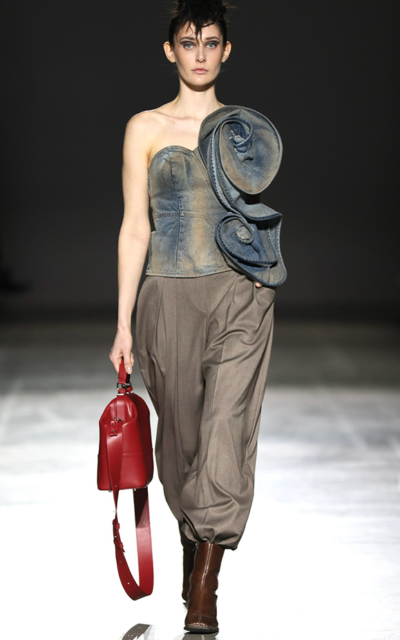 RUSTY DENIM STRAPLESS TOP WITH 3D FLORAL DECOR NADYA DZYAK FW