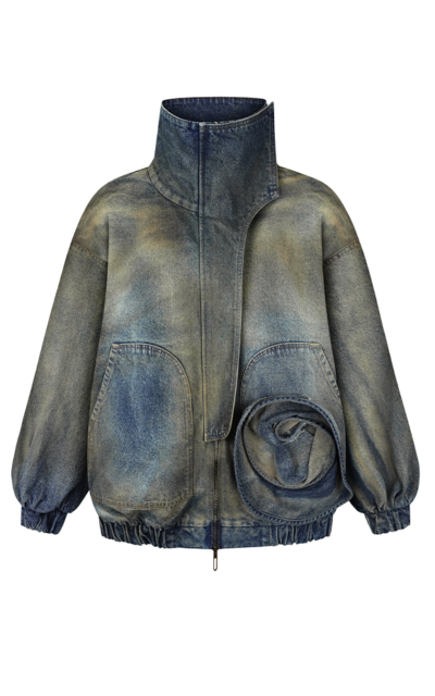 Rusty Denim High-neck Jacket with 3d Floral Decor