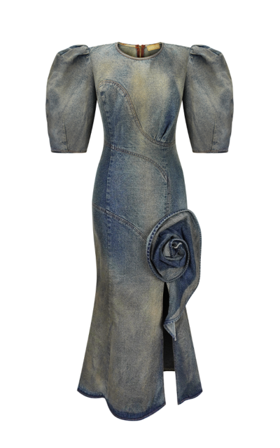 Rusty Denim Short Sleeve Midi Dress with 3d Floral Decor