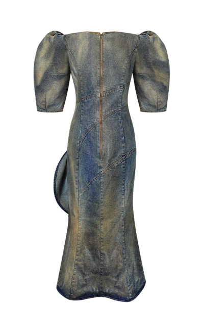 Rusty Denim Short Sleeve Midi Dress with 3d Floral Decor - Nadya Dzyak