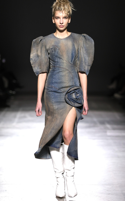 Rusty Denim Short Sleeve Midi Dress with 3d Floral Decor Nadya Dzyak FW