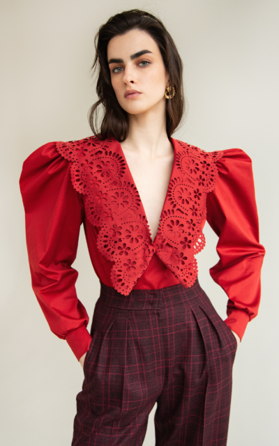 Cotton V-neck Blouse With Laser Cutting Collar Nadya Dzyak