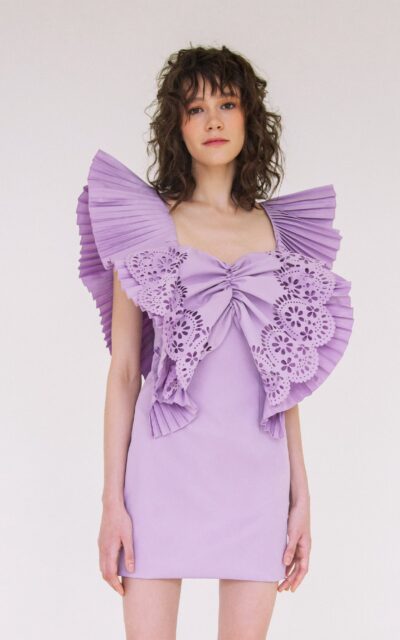 Cotton blend sleevless mini dress with pleated and laser cut decor