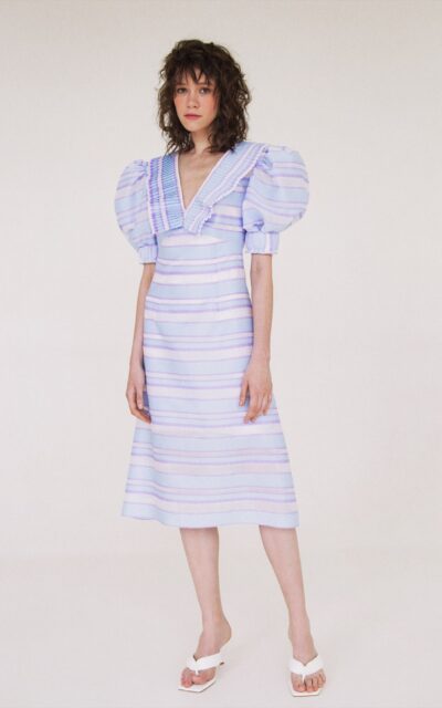Jacquard short sleeve midi dress with pleated collar