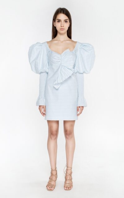 Mini dress with long buff sleeves and pleated decor