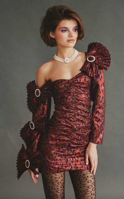 Off-shoulder jacquard mini dress with bowls decor