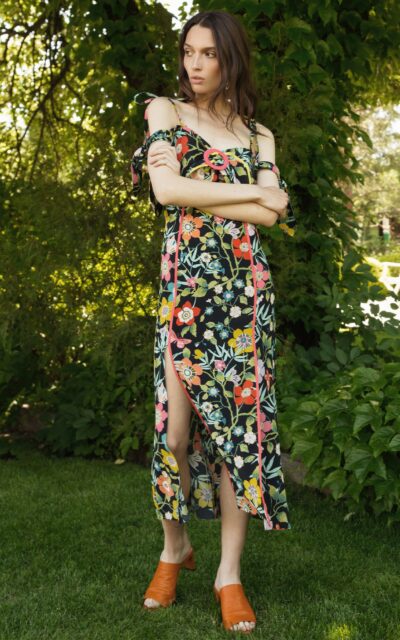 Off-shoulder silk-crepe midi dress with contrast trimming and buckle