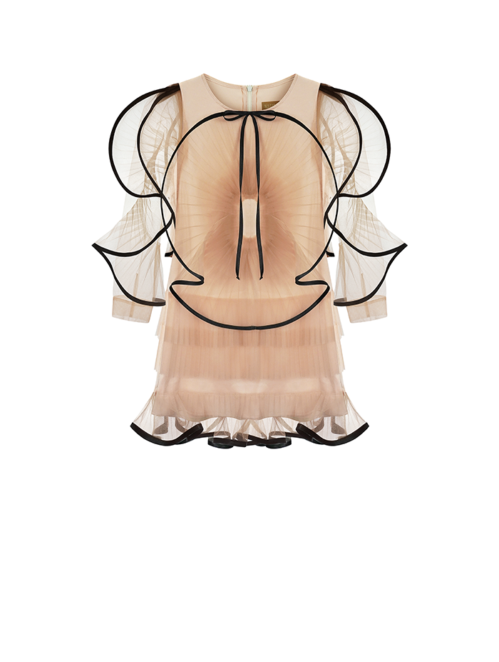 ND-MINI SHORT POETRY TULLE DRESS WITH CONTRAST TRIMMING IN BEIGE