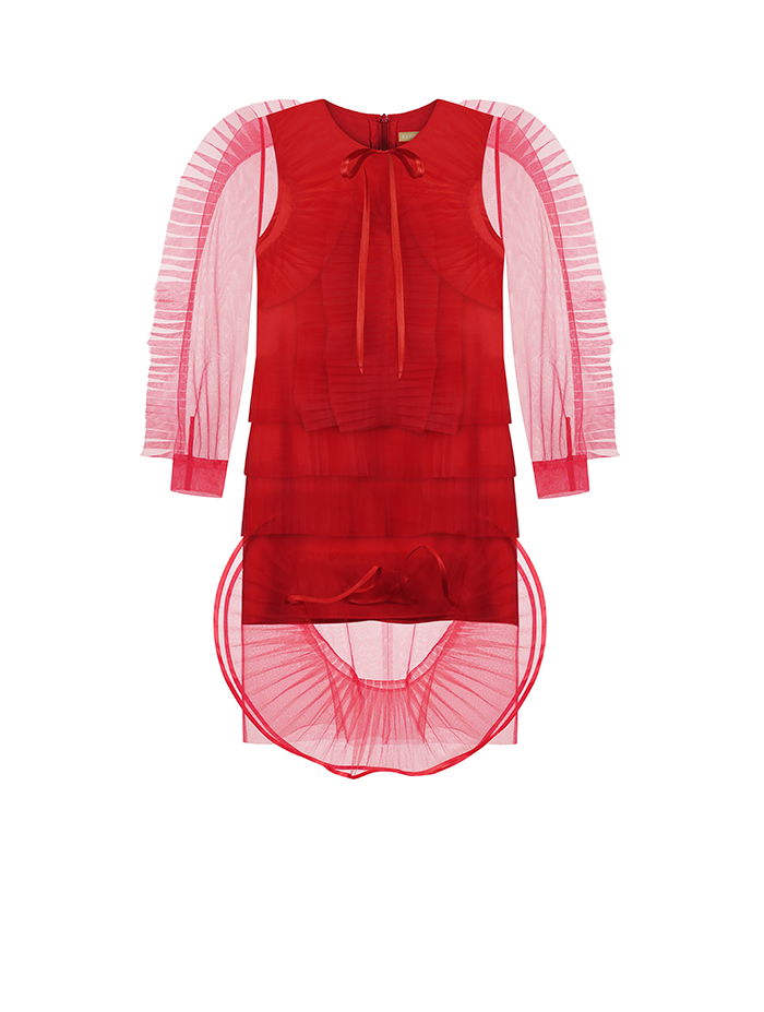 ND-MINI LONG REVERIE RUFFLE TULLE DRESS IN RED