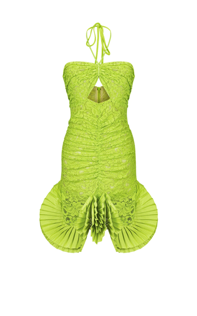 LIME GUIPURE MINI DRESS WITH PLEATED DECOR