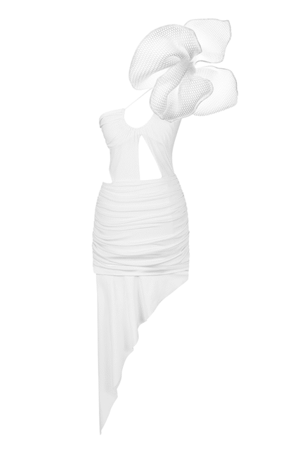WHITE ASYMMETRIC CUT-OUT MIDI DRESS WITH MESH 3D FLOWER