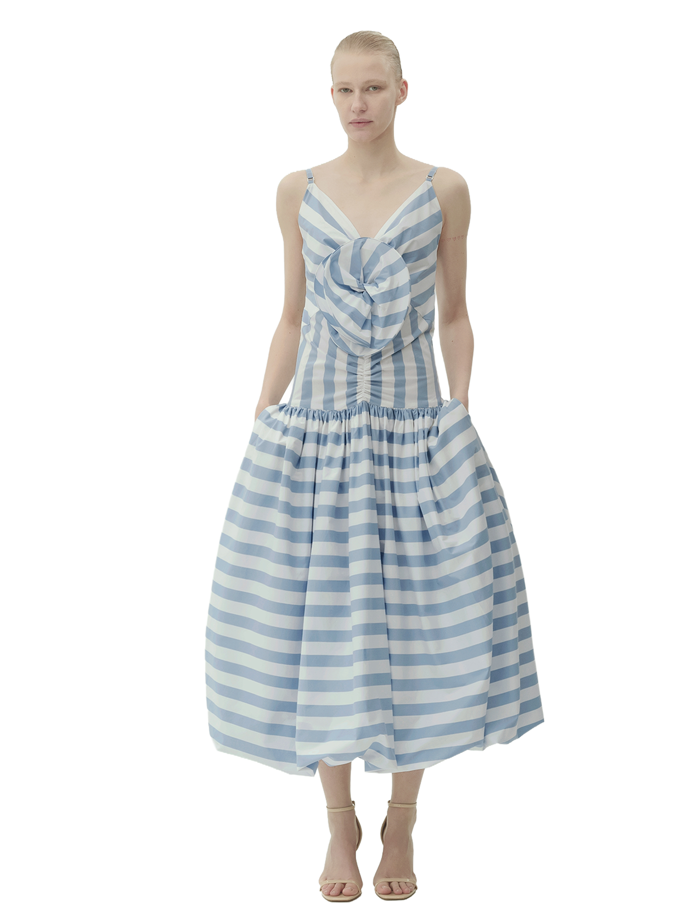 СУКНЯ МІДІ БЕЗ РУКАВІВ У БІЛО-БЛАКИТНУ СМУЖКУ